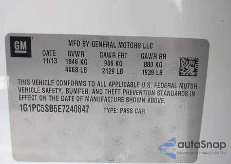 2014 Chevrolet Cruze 1Lt Auto z USA, uszkodzony, nr VIN 1G1PC5SB5E7240847